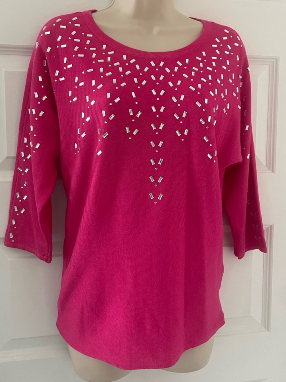 Hot Pink Rhinestone  Embellished Sweater- S